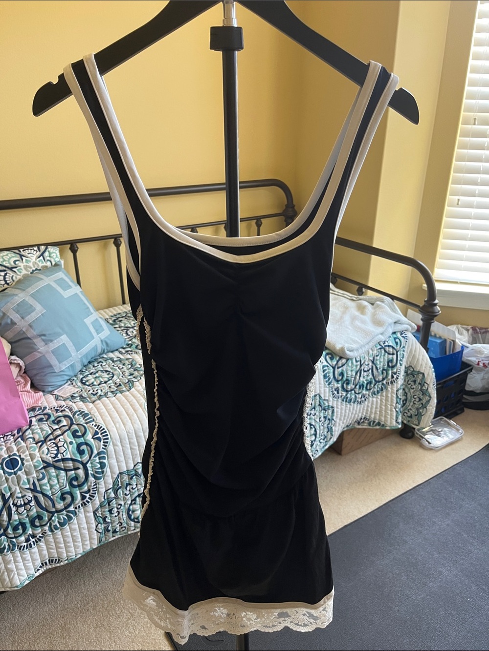 Black Mini Dress with White Trim and Lace Accents